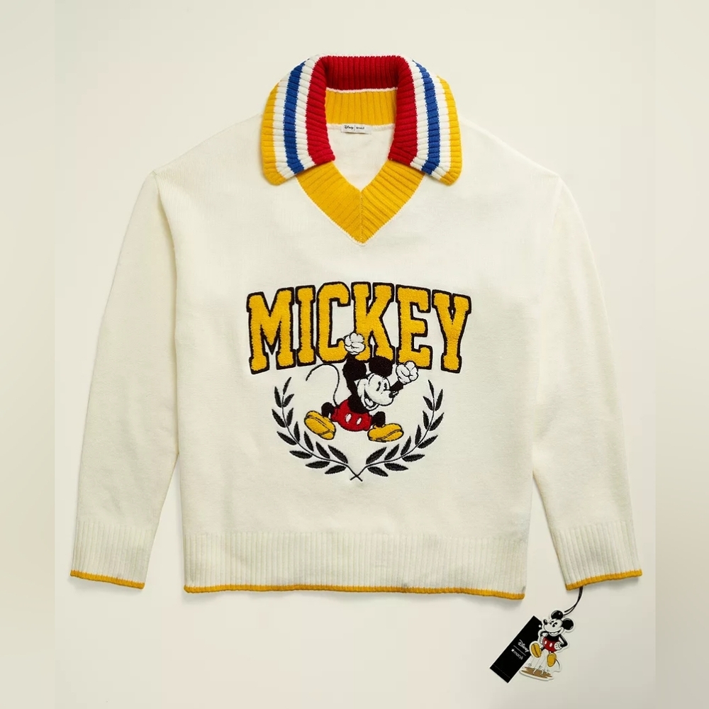 Disney White V-Neck Sweater with Yellow, Red & Blue Trim